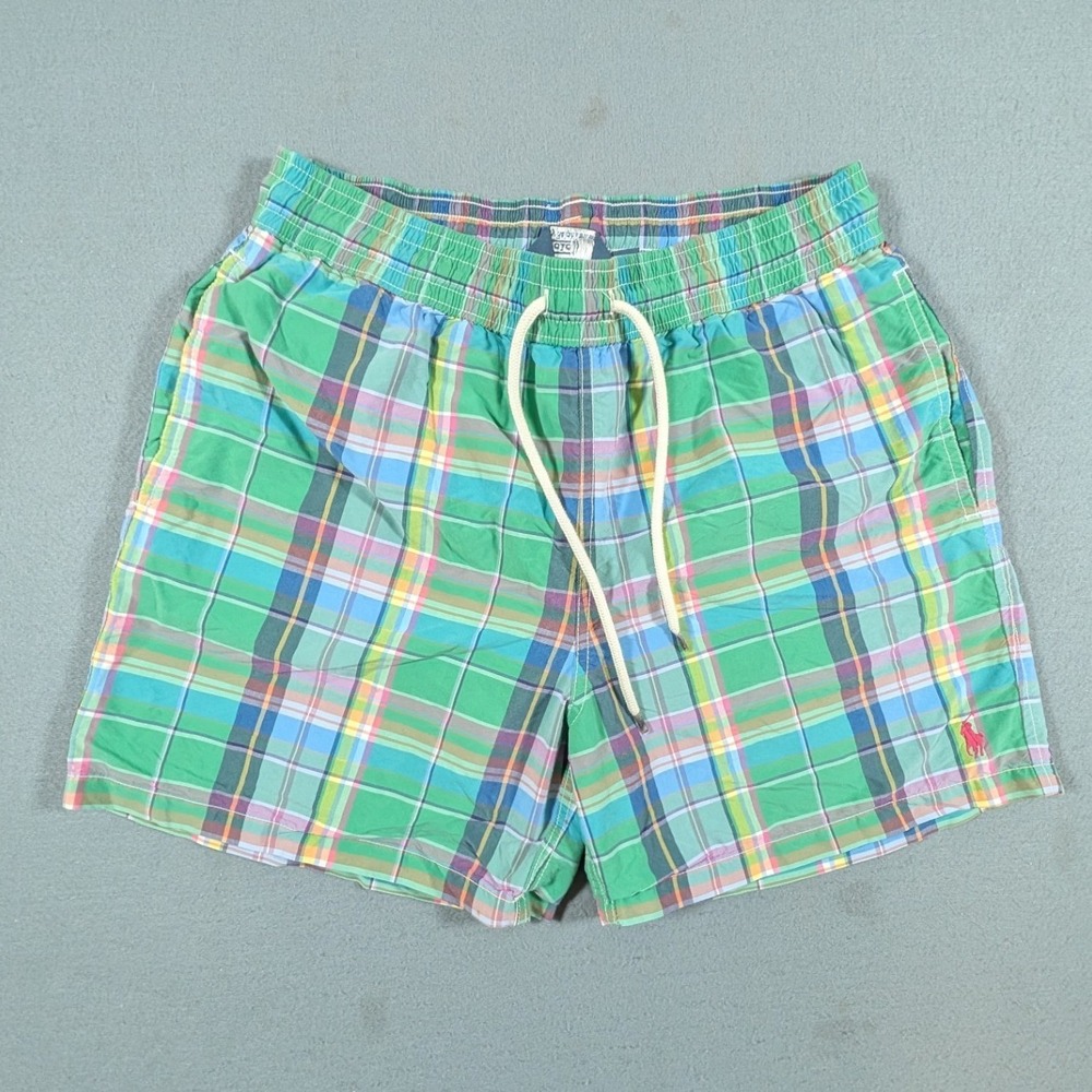 Polo Ralph Lauren Swim Trunks Mens Medium Green Plaid Drawstring Mesh Lined